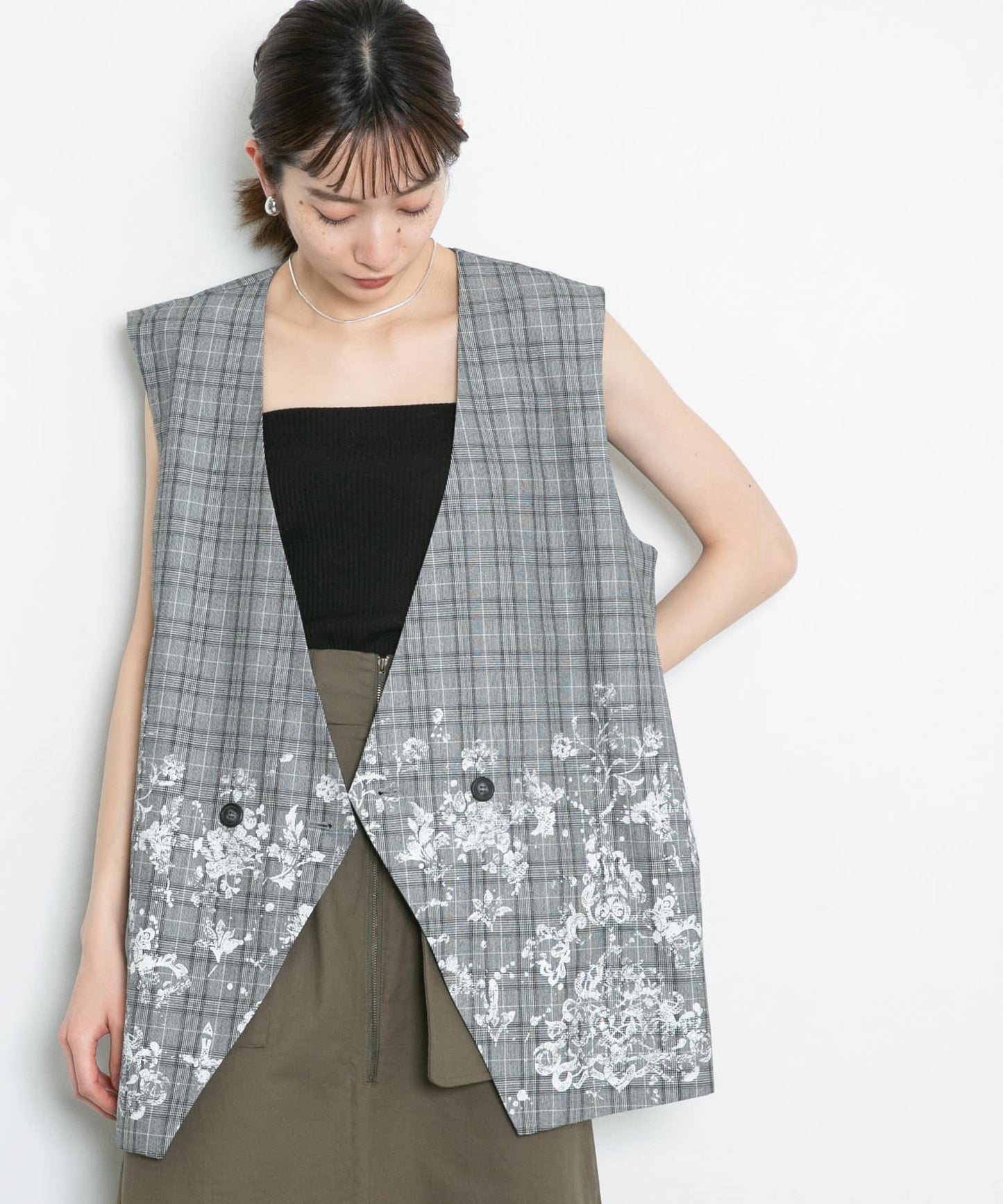 蕾絲印花格紋背心