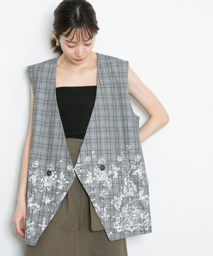 蕾絲印花格紋背心