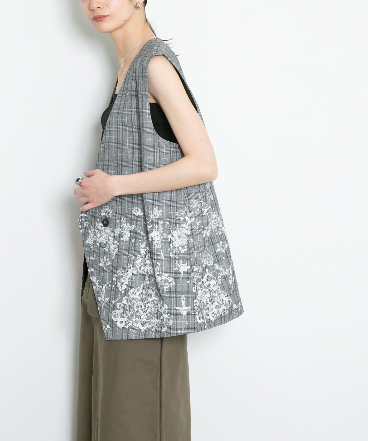 蕾絲印花格紋背心