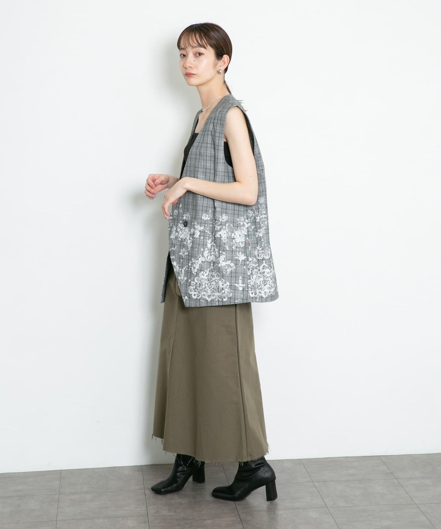 蕾絲印花格紋背心