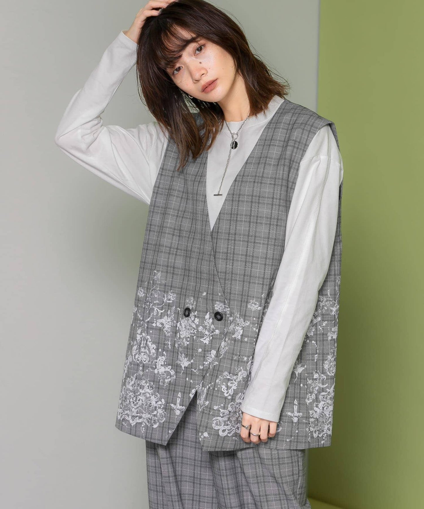 蕾絲印花格紋背心