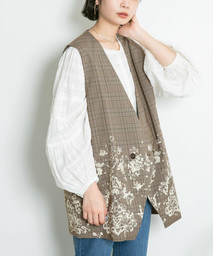 蕾絲印花格紋背心