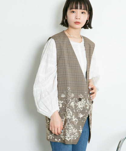 蕾絲印花格紋背心