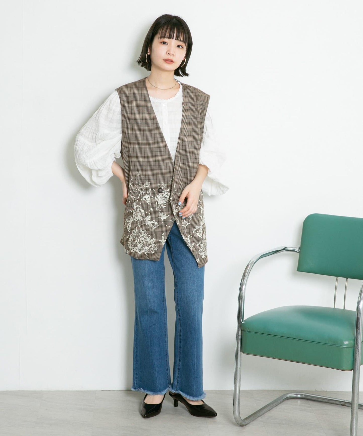 蕾絲印花格紋背心