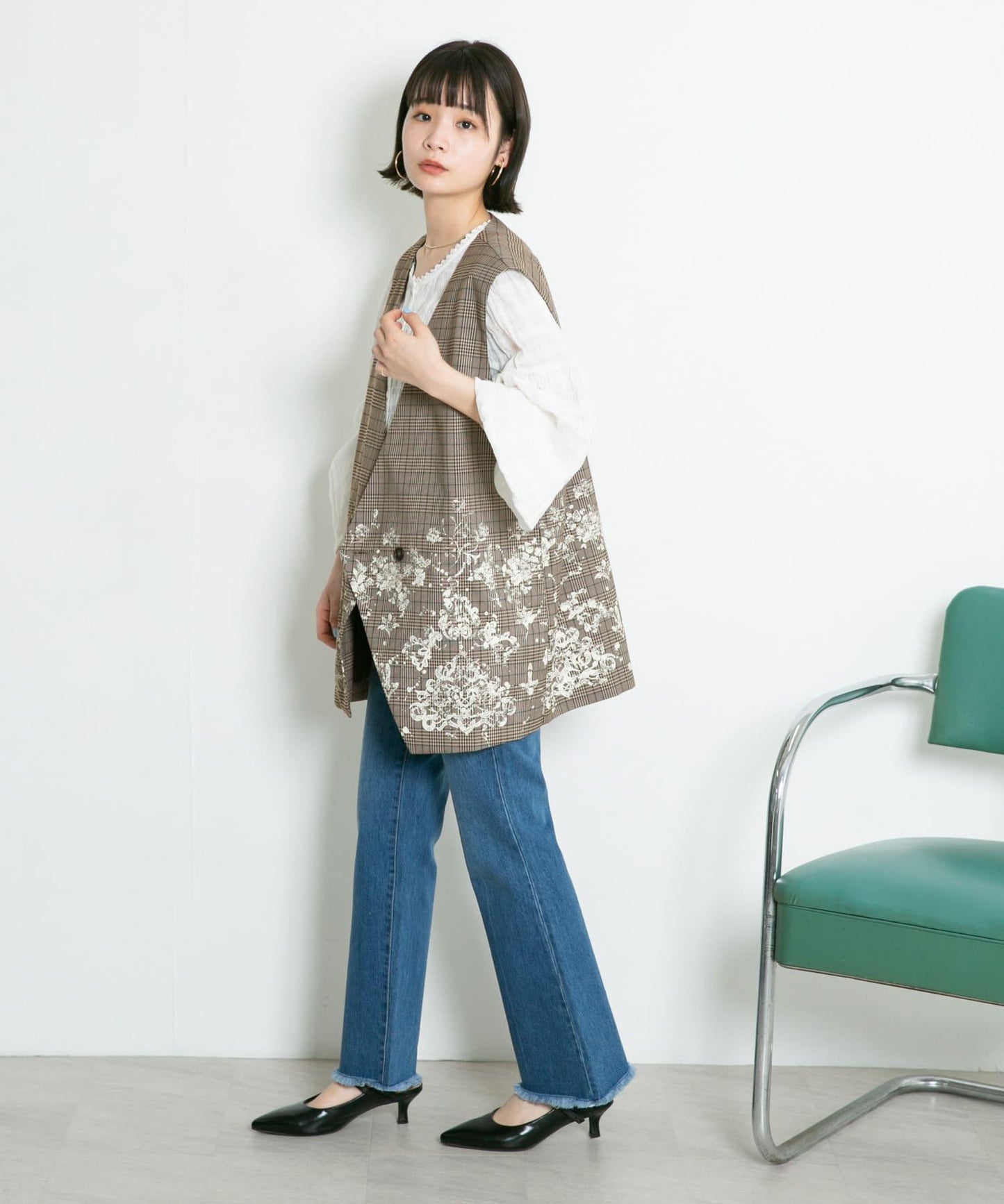 蕾絲印花格紋背心