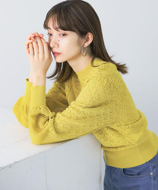 泡泡袖花紋針織衫