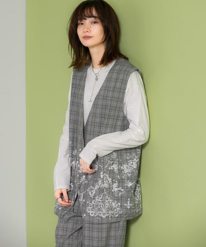 蕾絲印花格紋背心