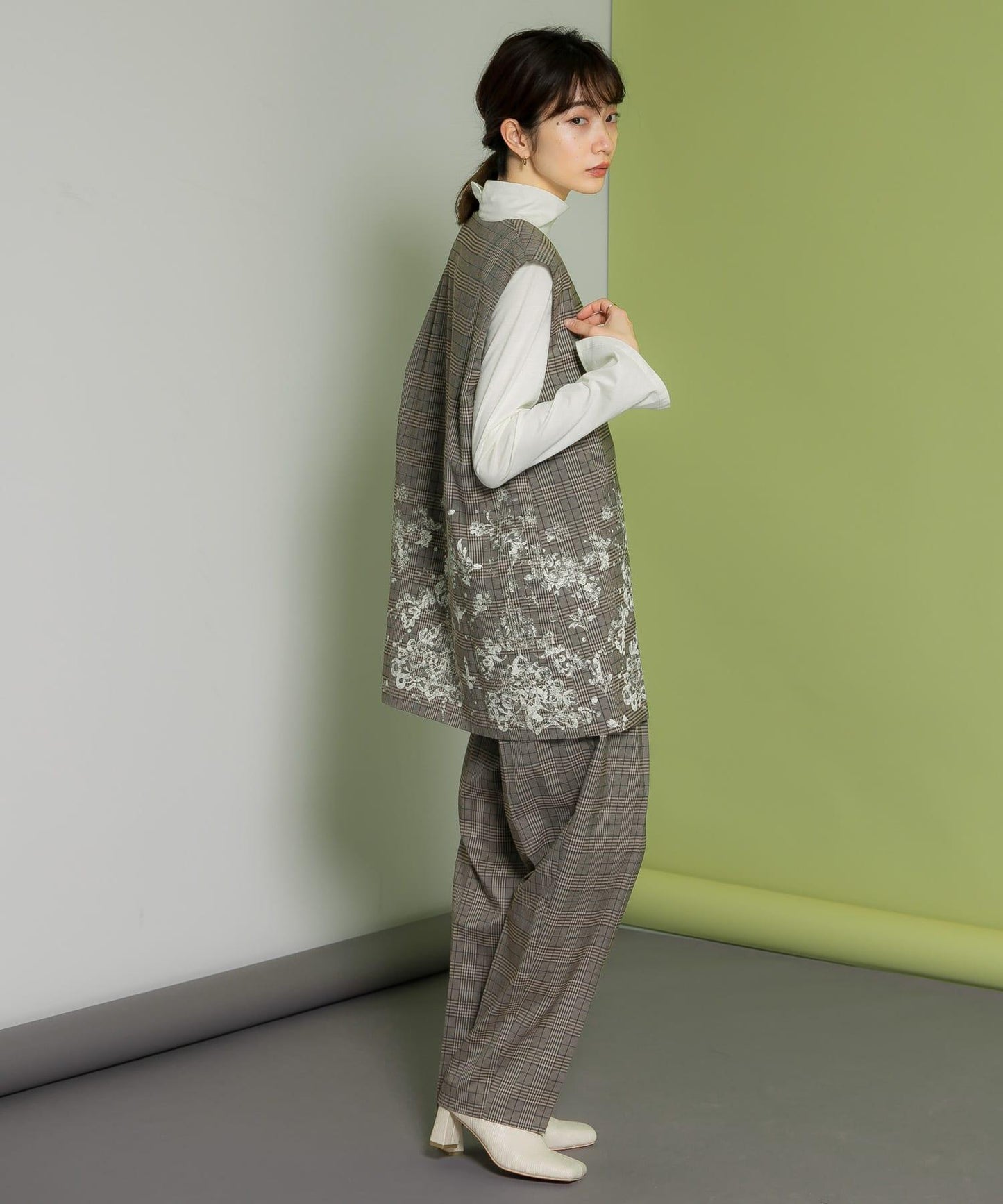 蕾絲印花格紋背心