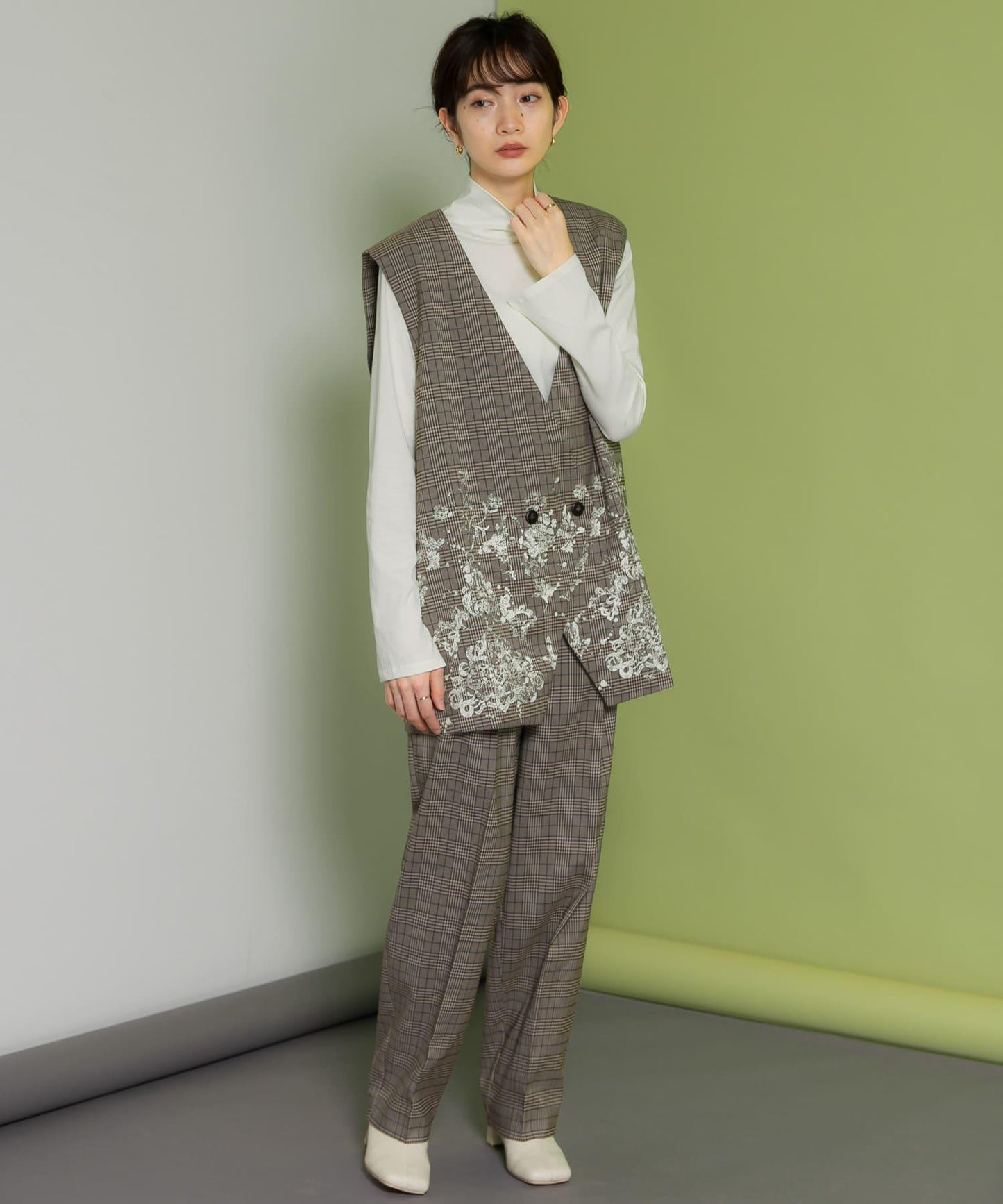 蕾絲印花格紋背心