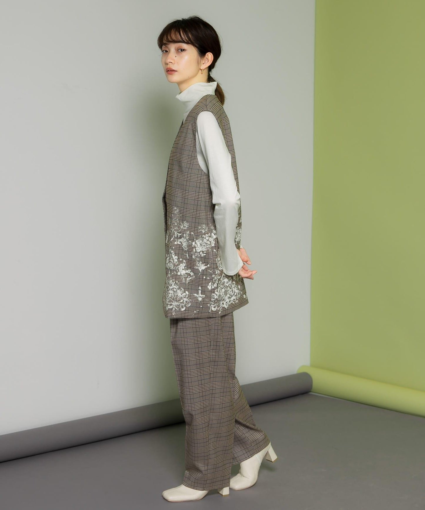 蕾絲印花格紋背心