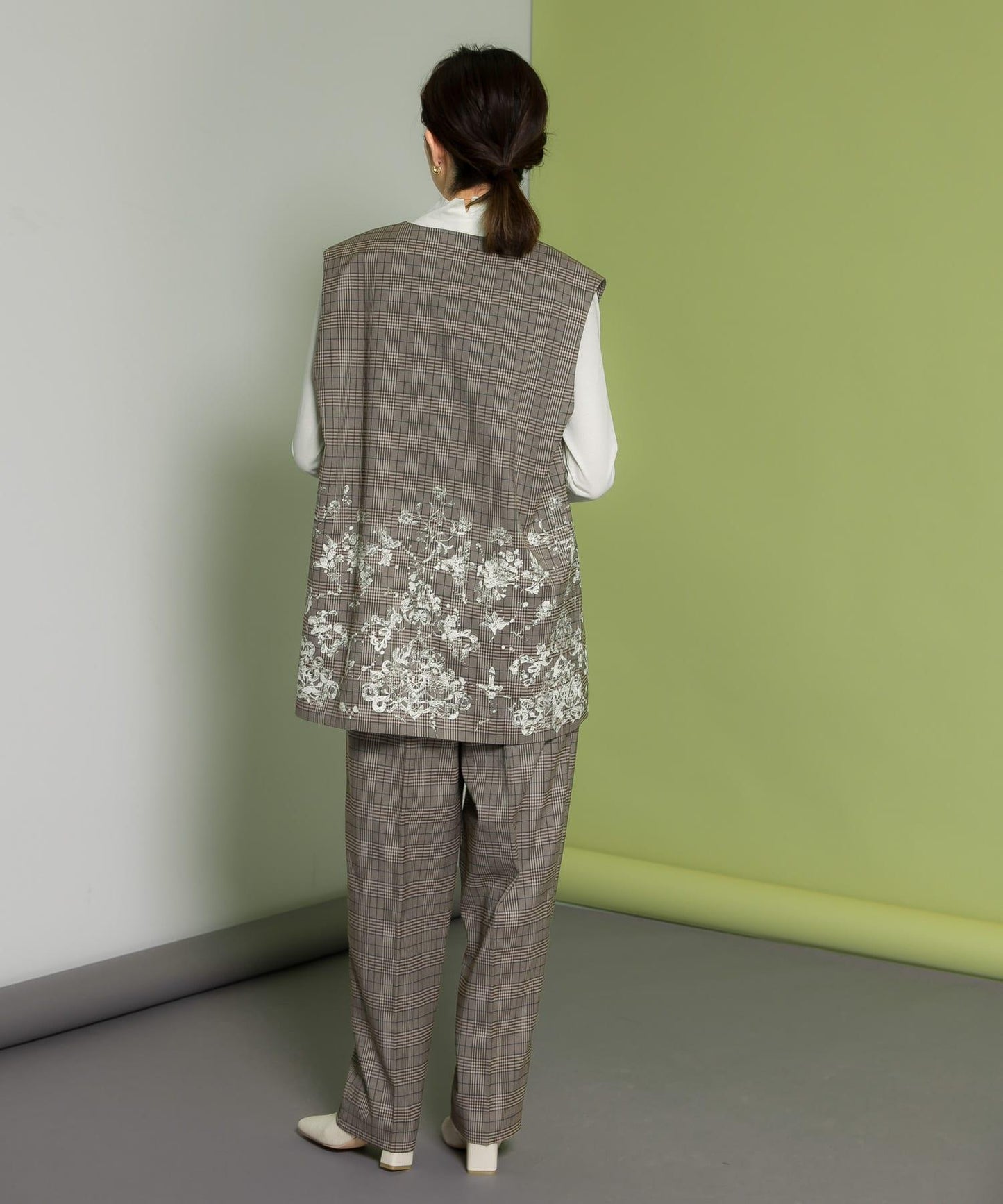 蕾絲印花格紋背心