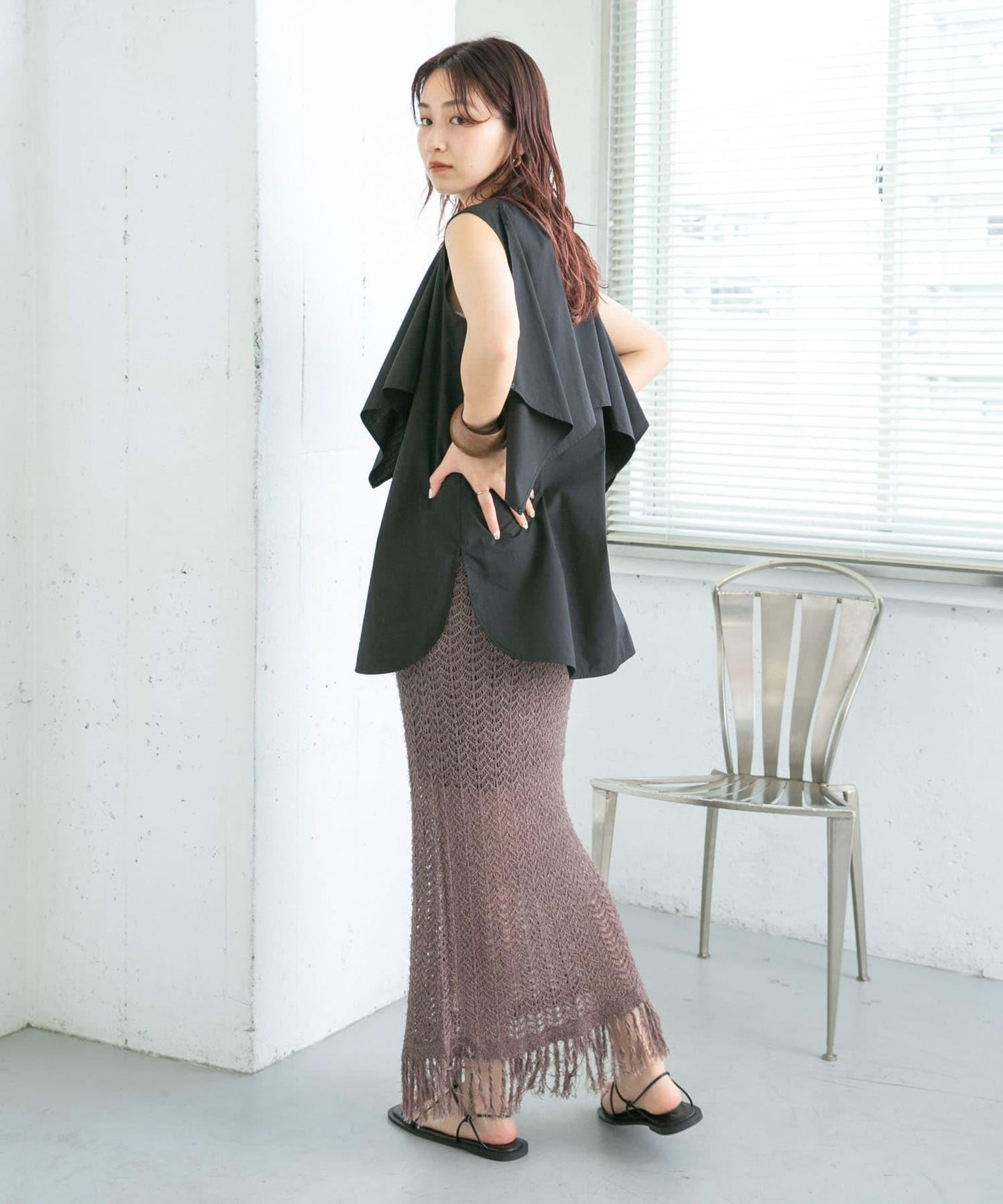 流蘇鏤空針織半身裙