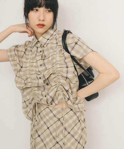 抽繩透視格紋襯衫