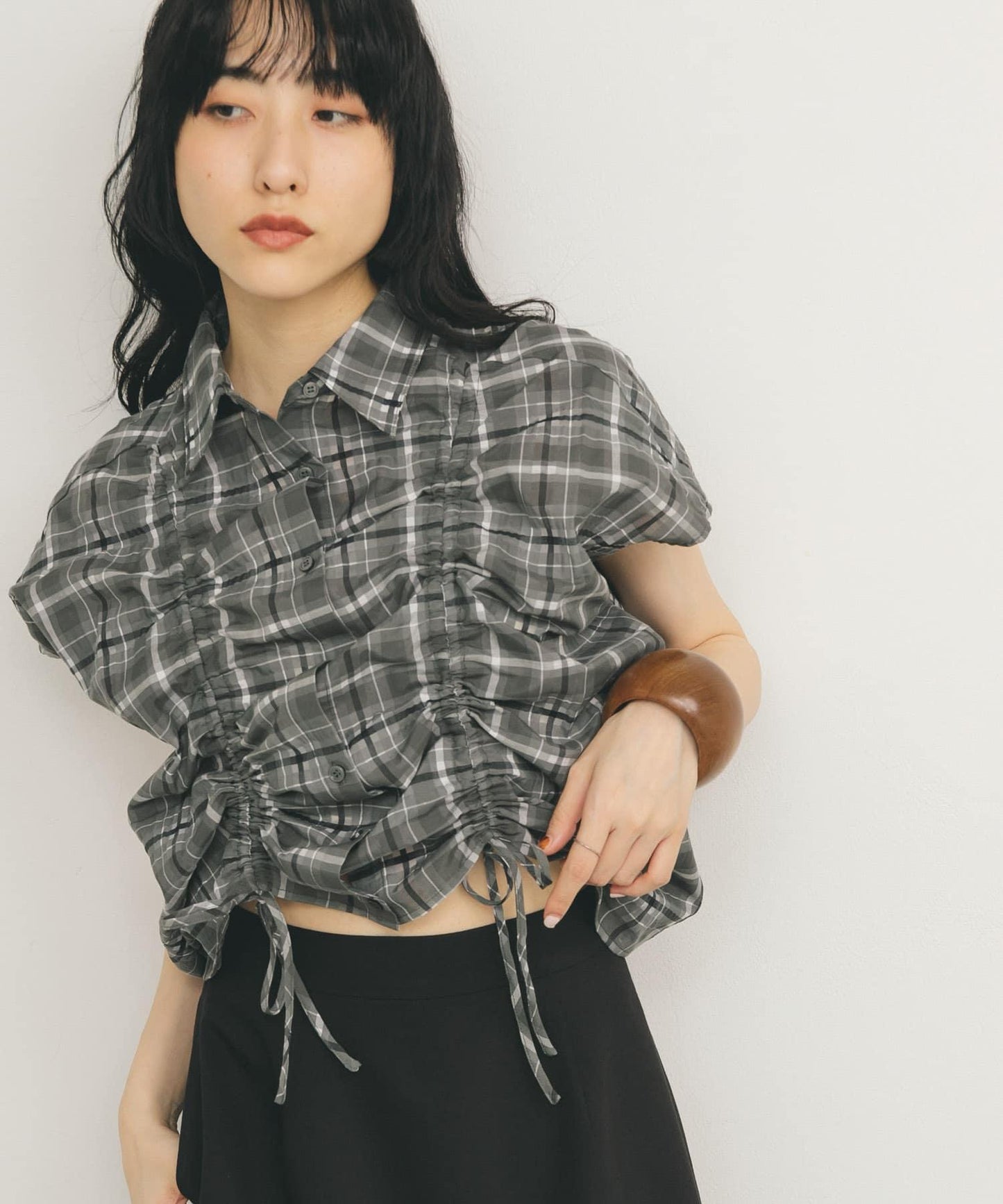 抽繩透視格紋襯衫