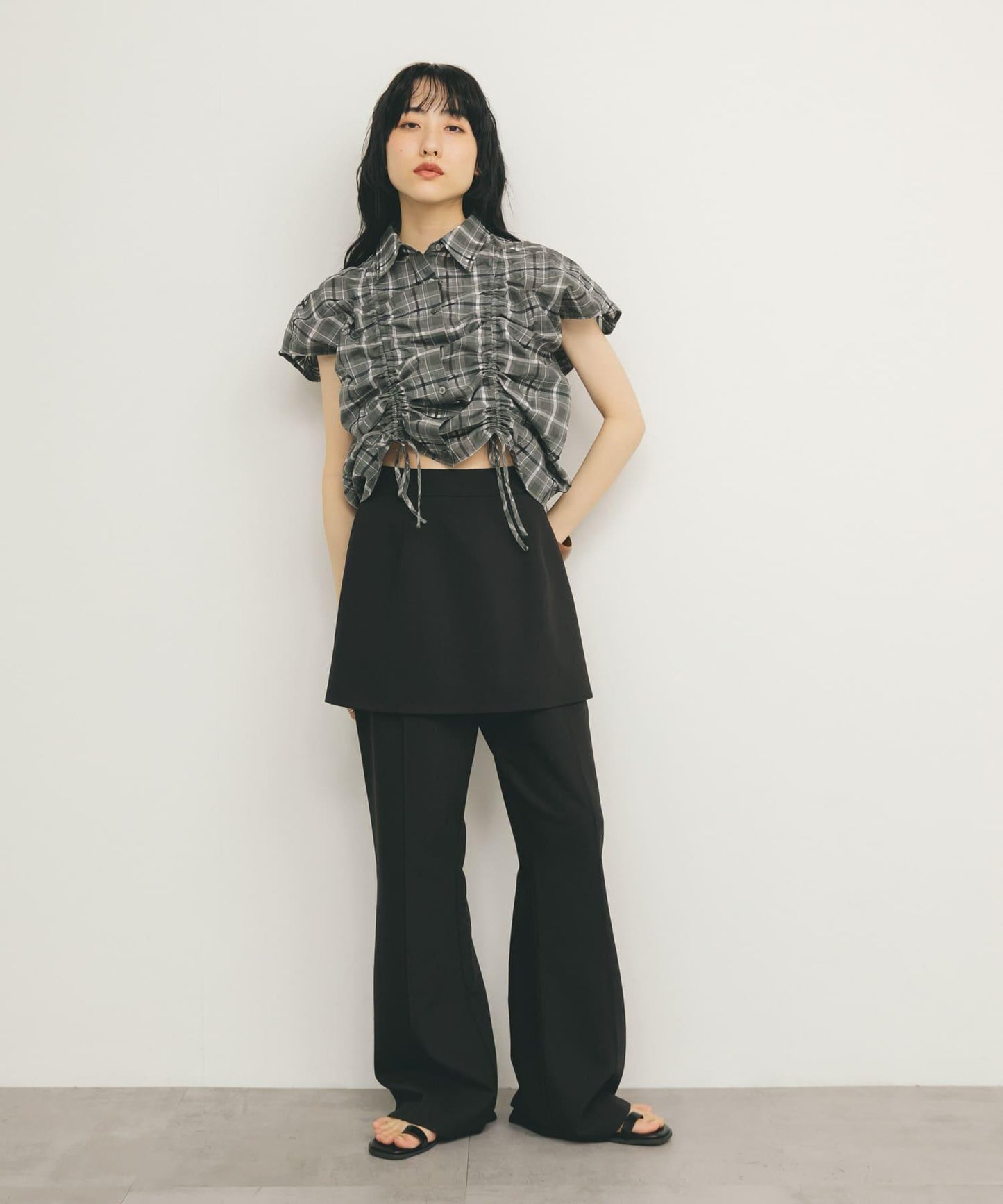 抽繩透視格紋襯衫