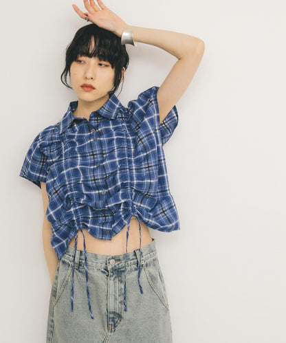 抽繩透視格紋襯衫