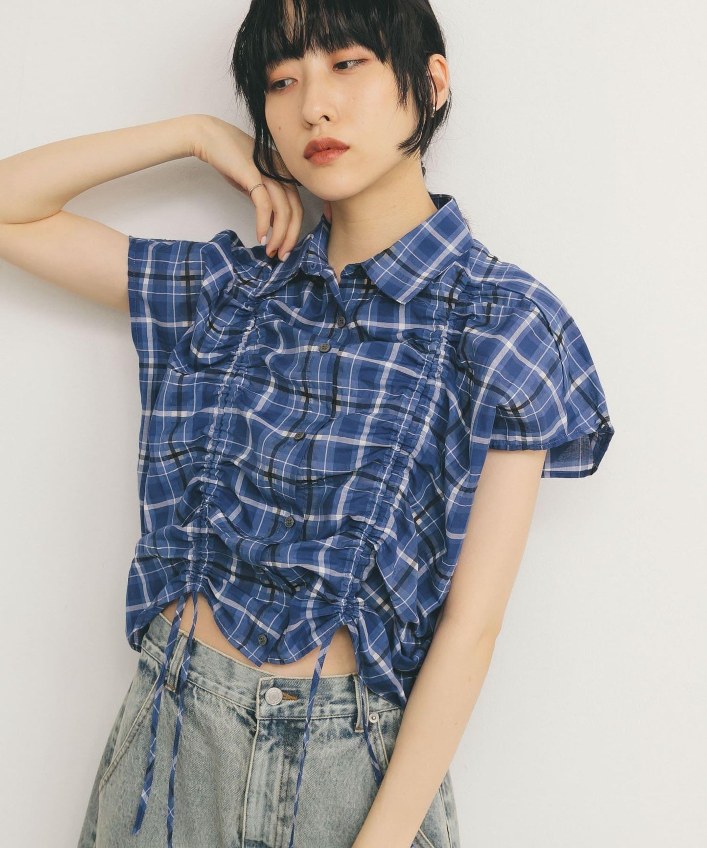 抽繩透視格紋襯衫