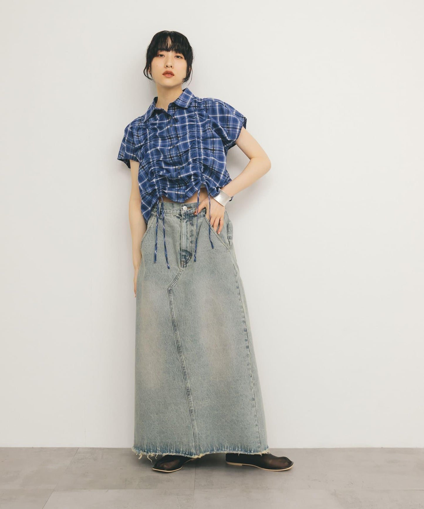 抽繩透視格紋襯衫