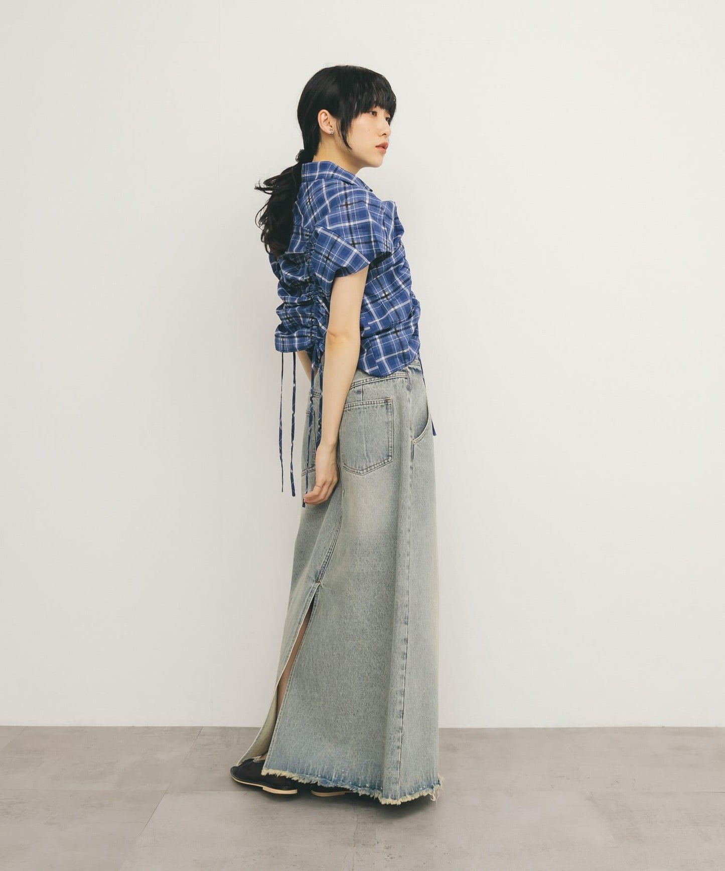 抽繩透視格紋襯衫