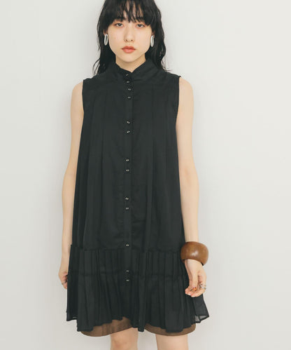 無袖褶皺百褶連衣裙