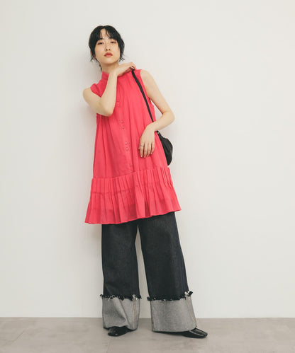 無袖褶皺百褶連衣裙