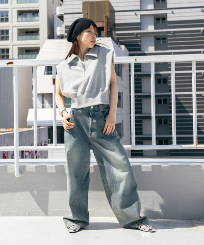 肩部褶皺拉鍊衛衣