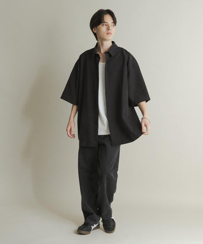 超寬鬆桃色緞面短袖襯衫