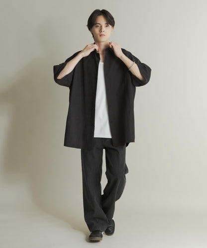 超寬鬆桃色緞面短袖襯衫