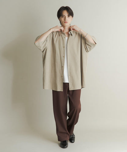 超寬鬆桃色緞面短袖襯衫