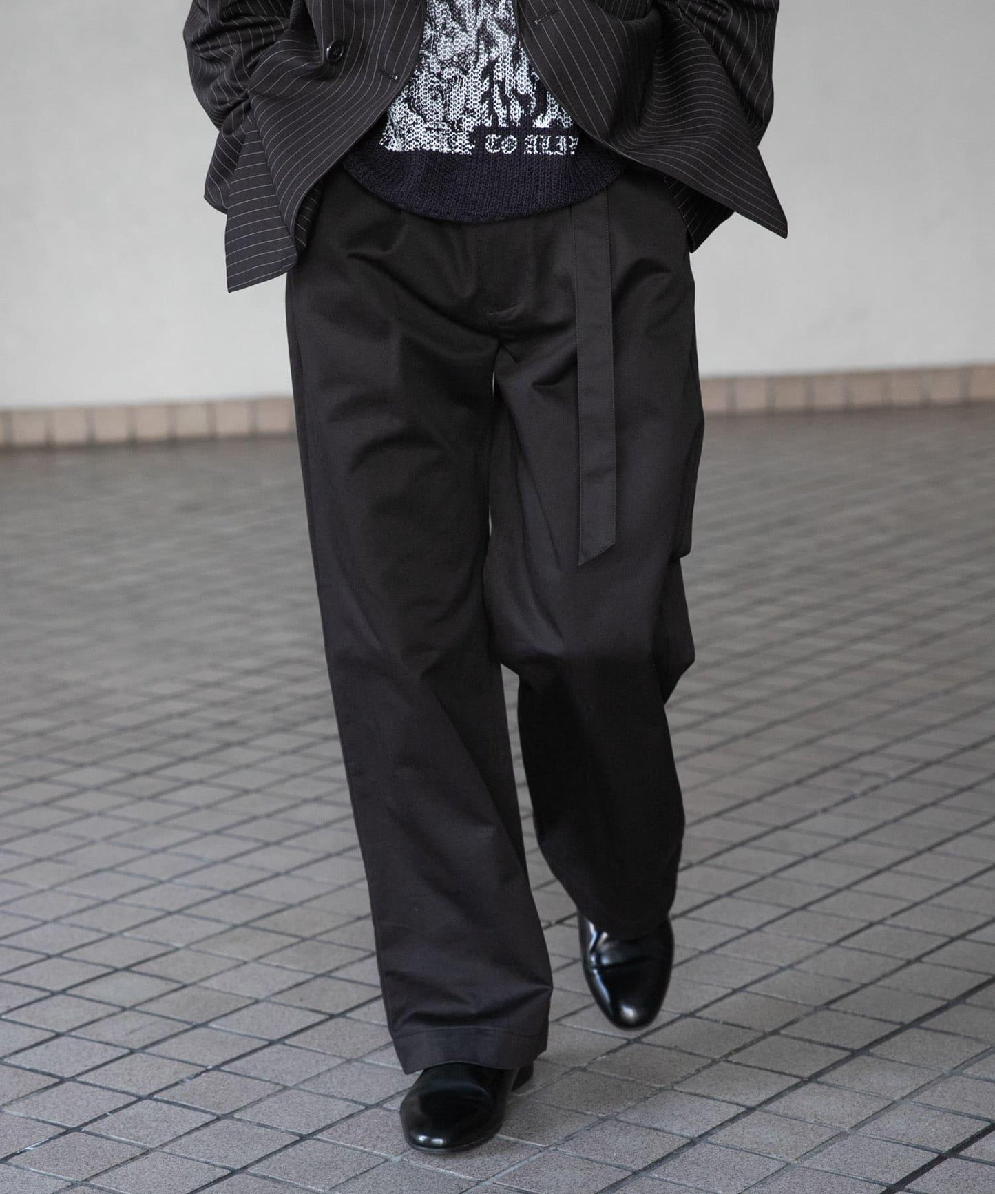 拼色系帶直筒褲