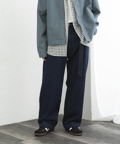 拼色系帶直筒褲