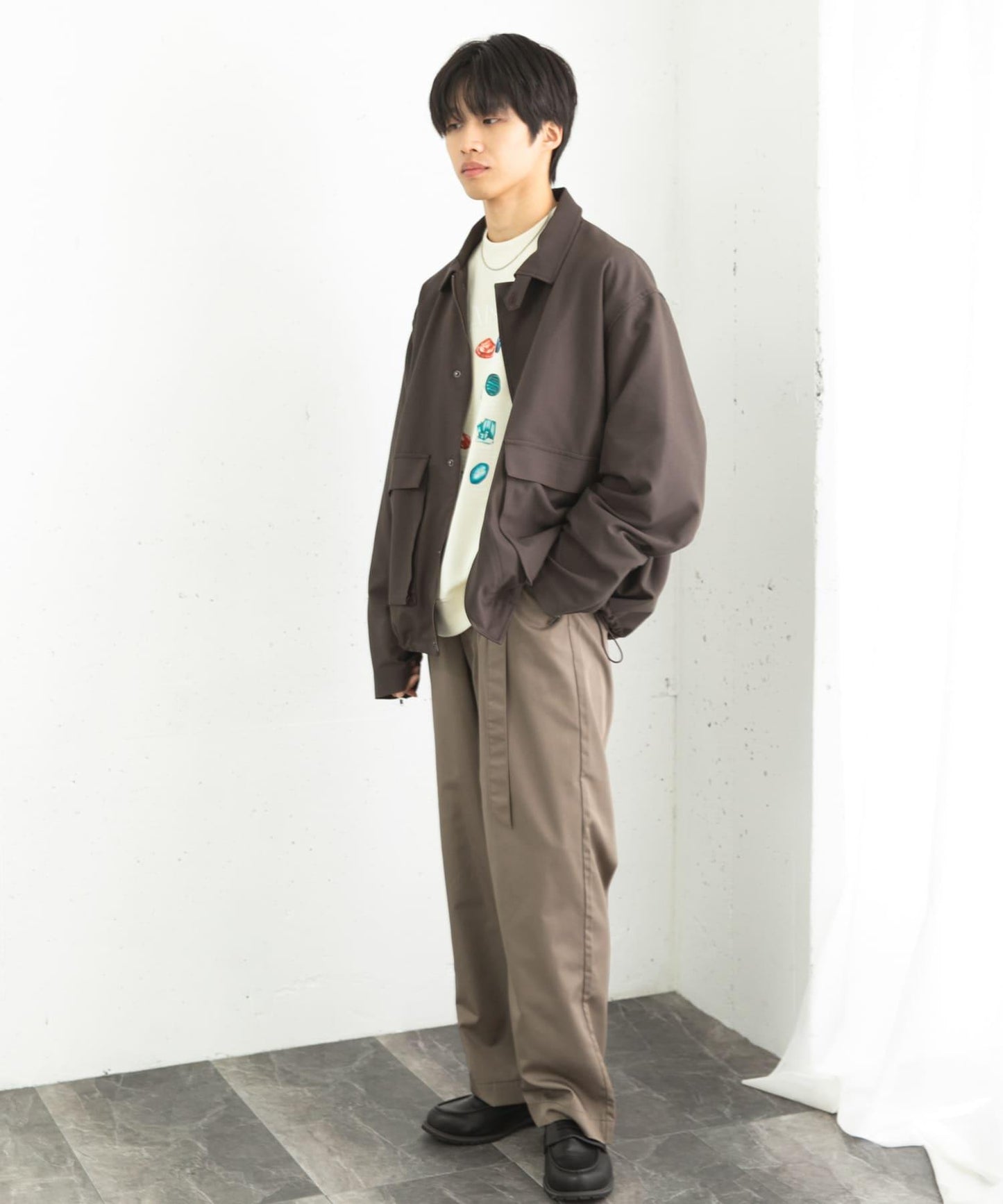 拼色系帶直筒褲