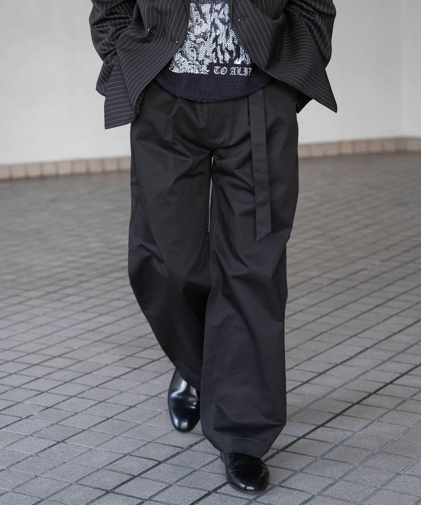 拼色系帶直筒褲