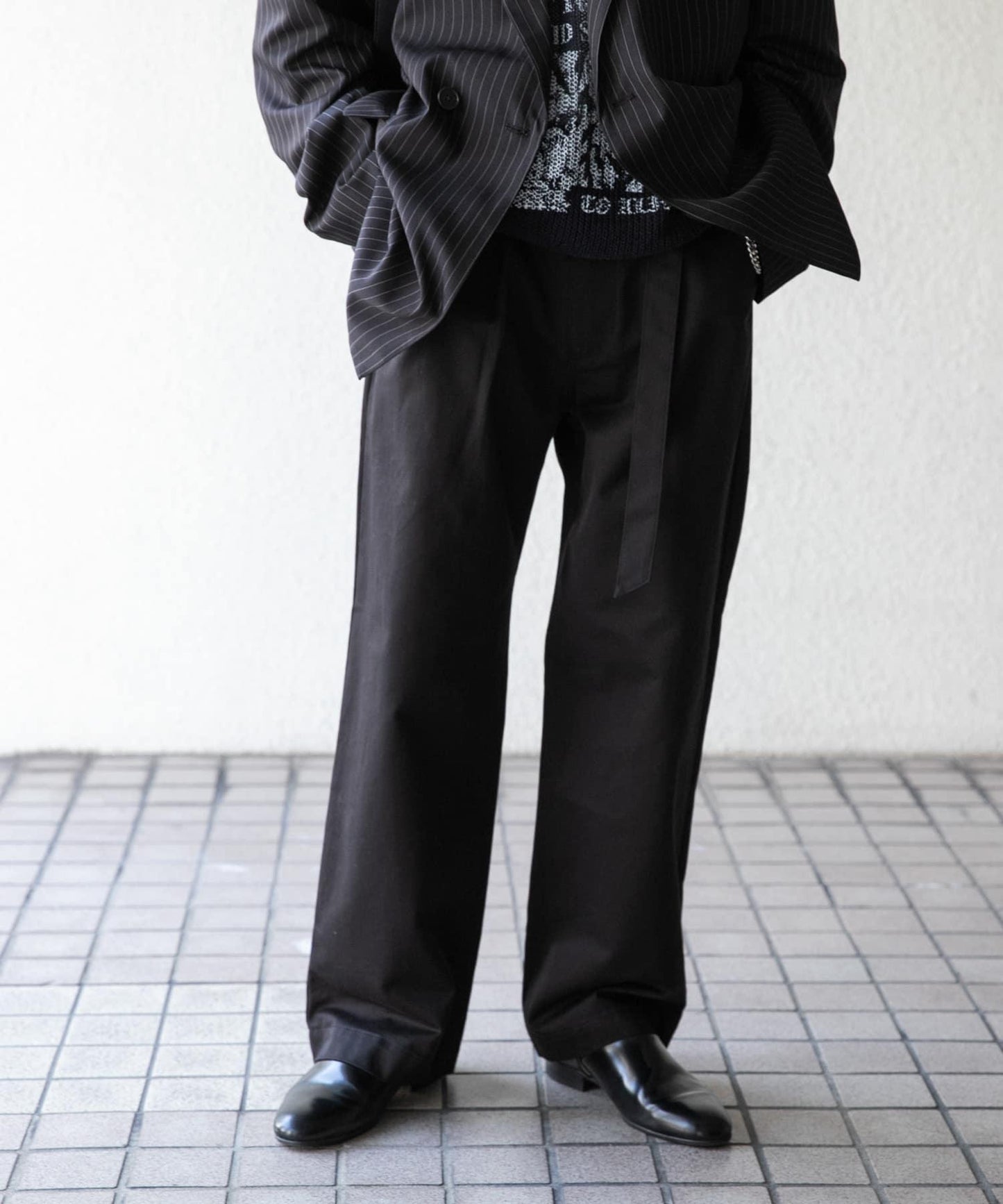 拼色系帶直筒褲