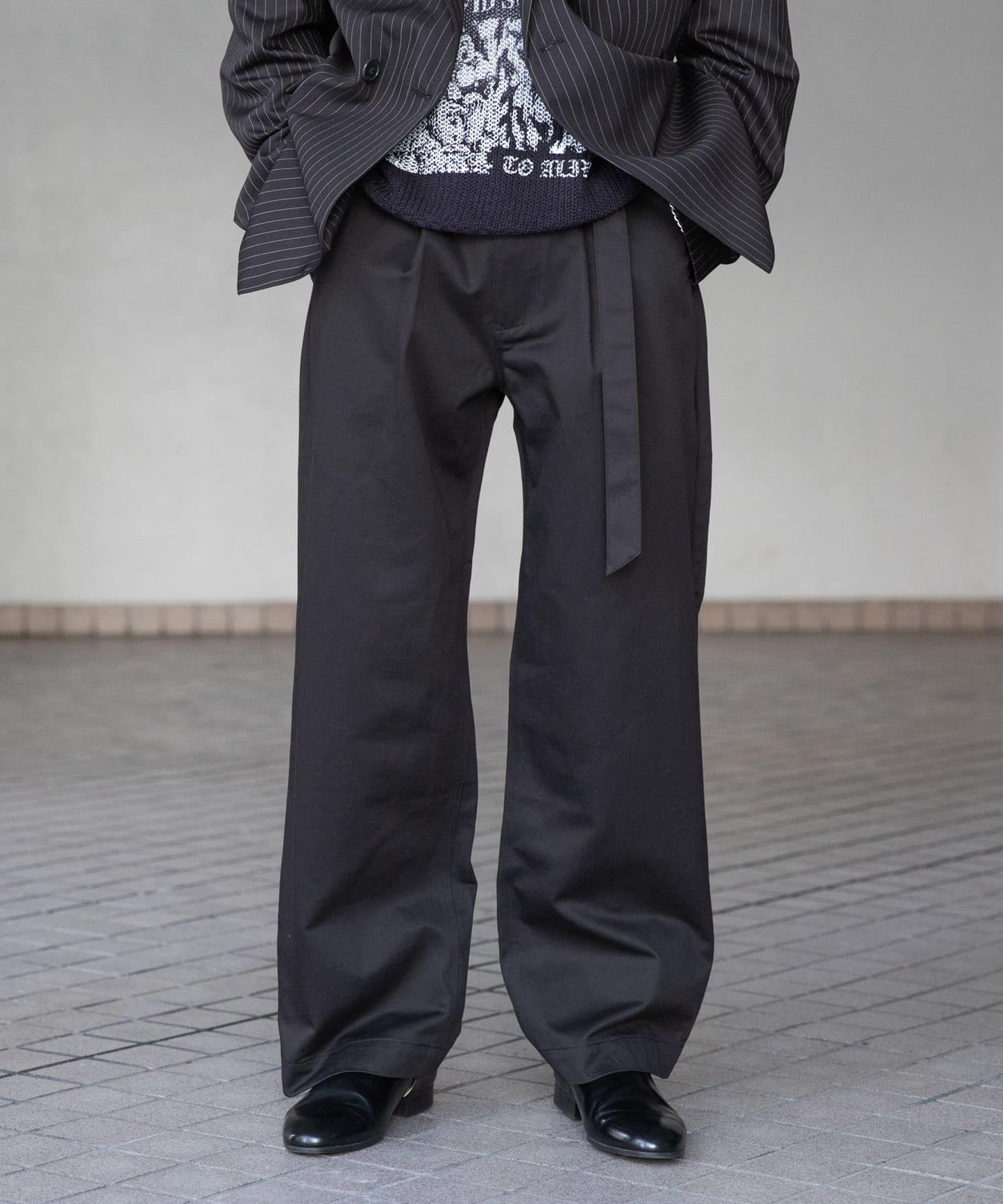 拼色系帶直筒褲