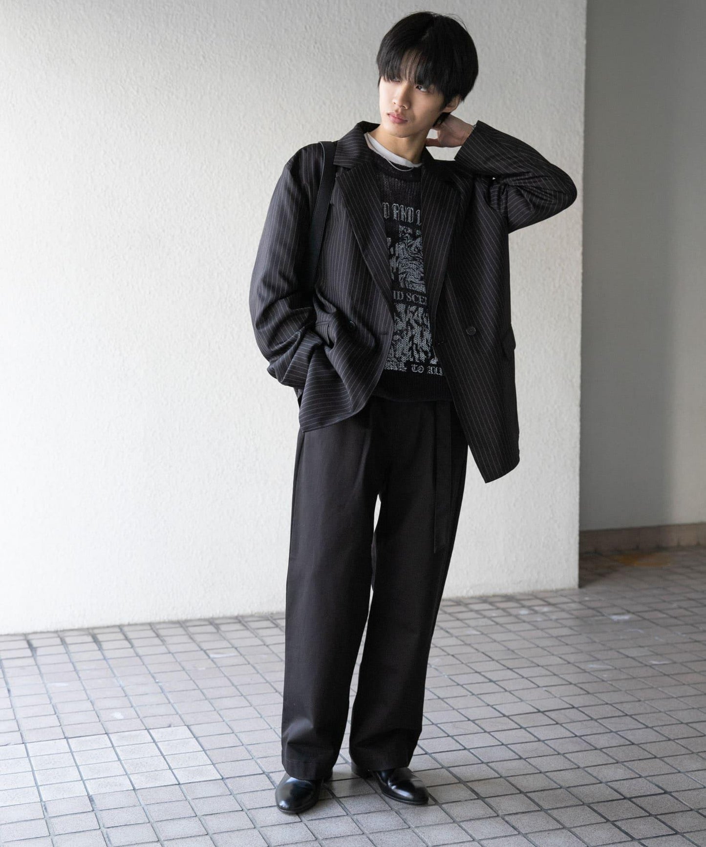 拼色系帶直筒褲