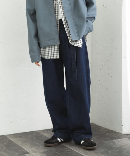 拼色系帶直筒褲