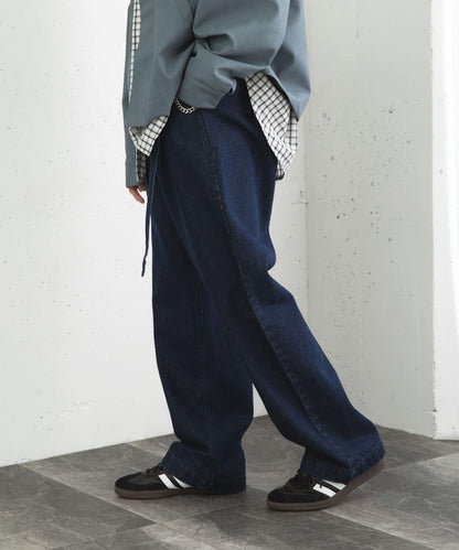 拼色系帶直筒褲