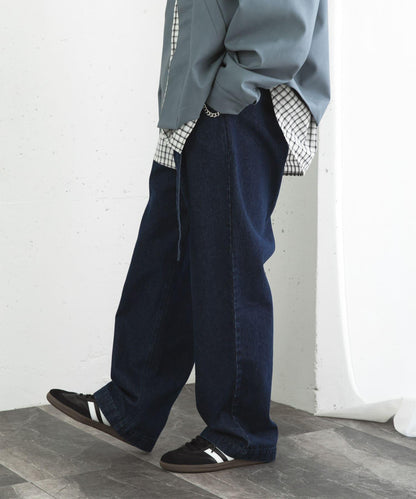 拼色系帶直筒褲