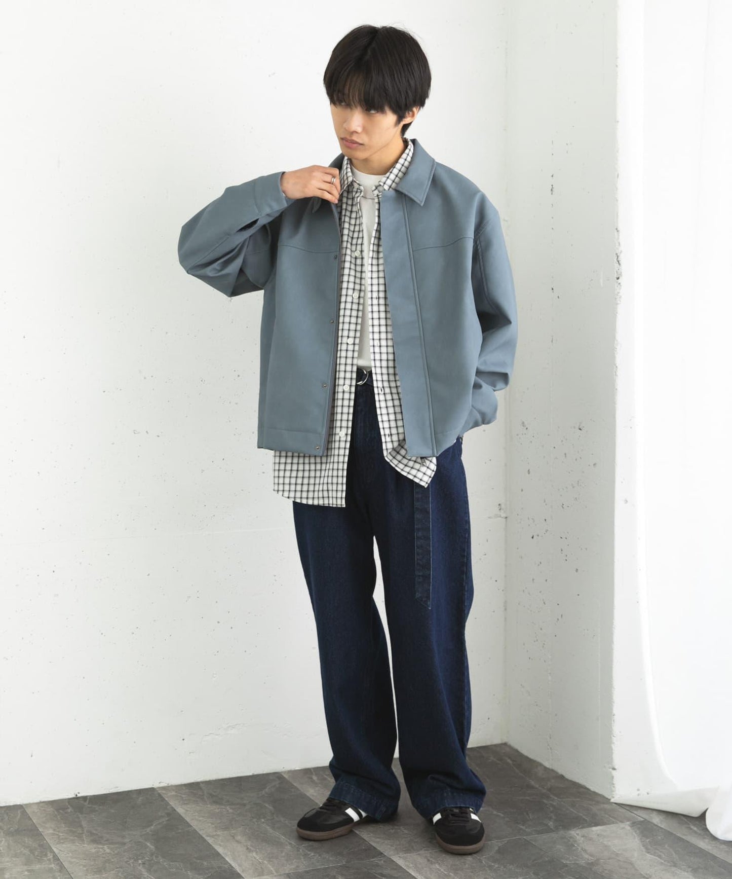 拼色系帶直筒褲