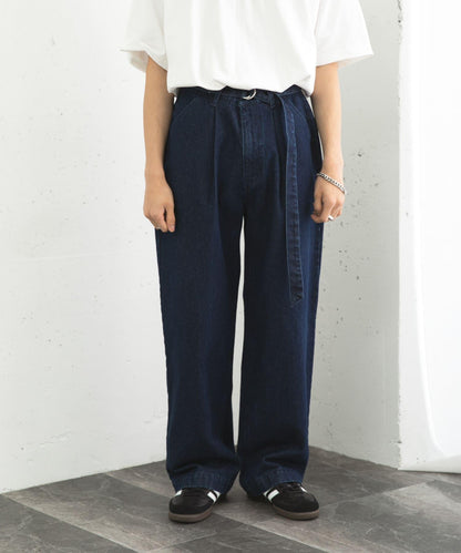 拼色系帶直筒褲