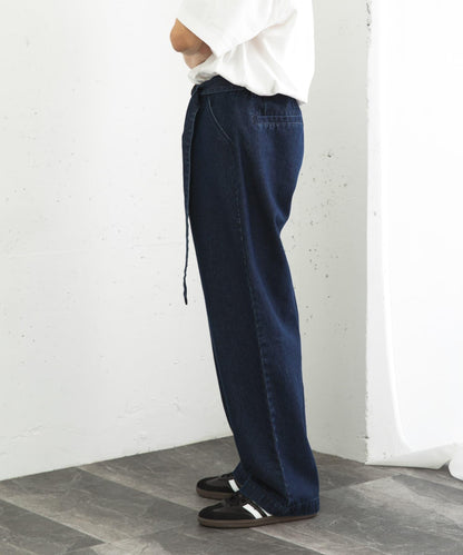 拼色系帶直筒褲