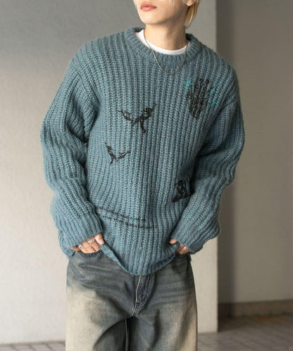 圖案印花寬鬆圓領針織衫