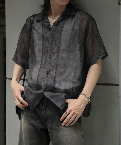 透視印花開領短袖襯衫