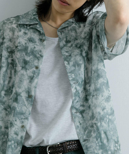 透視印花開領短袖襯衫