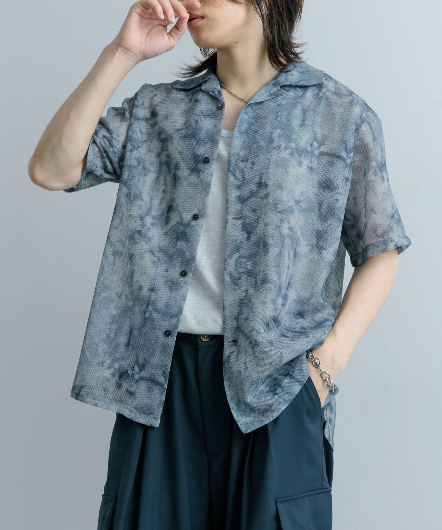 透視印花開領短袖襯衫