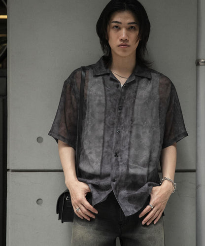 透視印花開領短袖襯衫