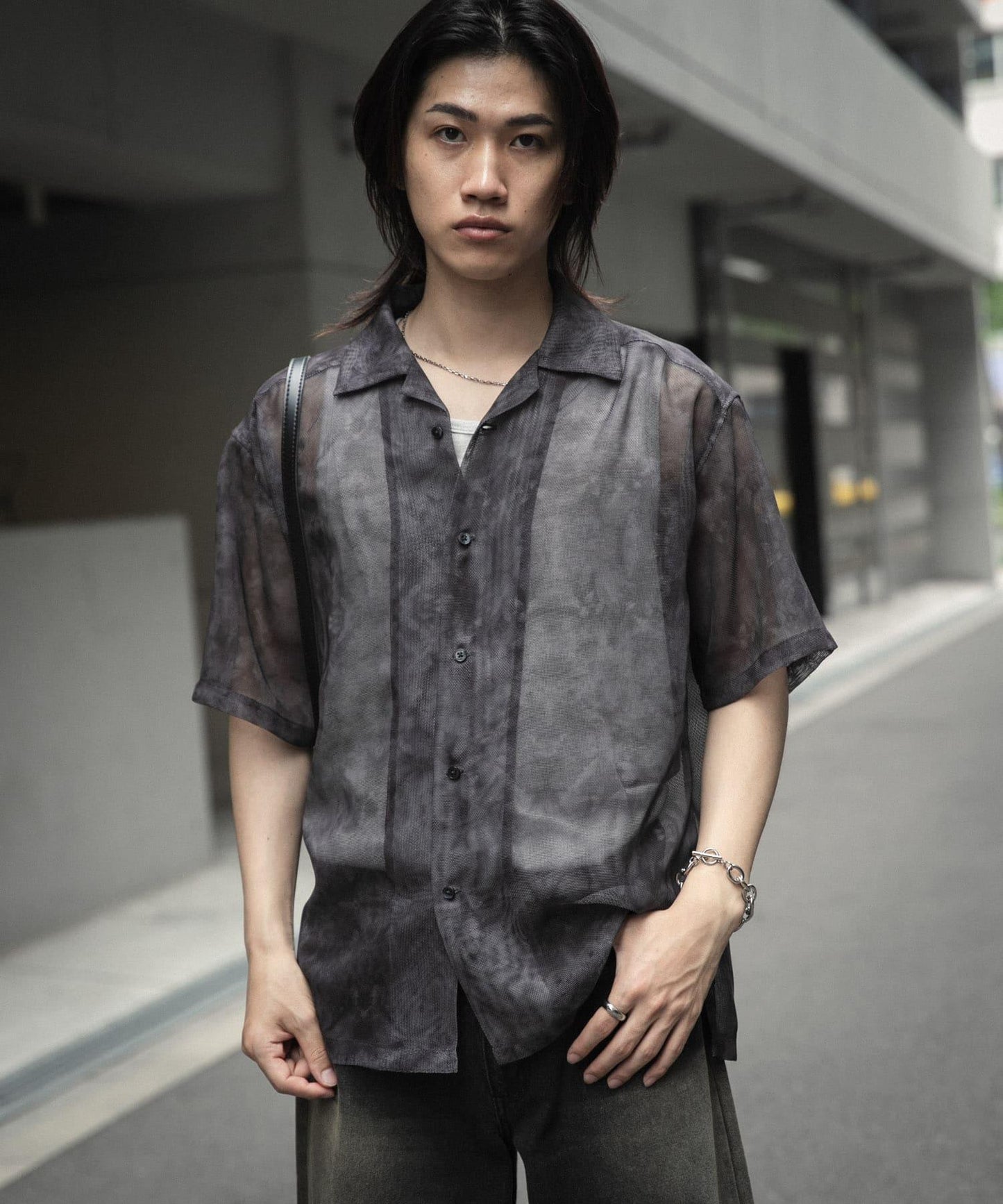 透視印花開領短袖襯衫