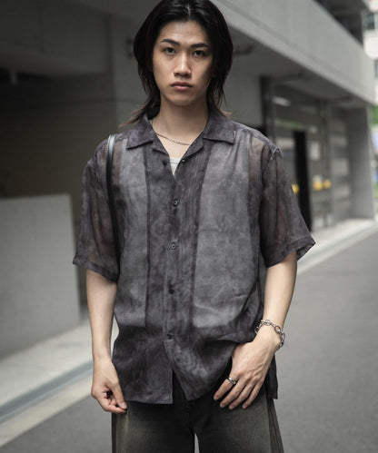 透視印花開領短袖襯衫