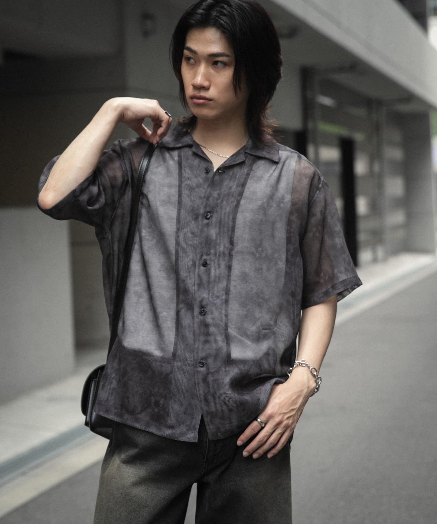 透視印花開領短袖襯衫